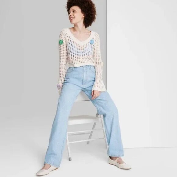 Women's 90's Straight Mid-Rise Straight Glitter Jeans - Wild Fable Light Wash 2 - Picture 1 of 8